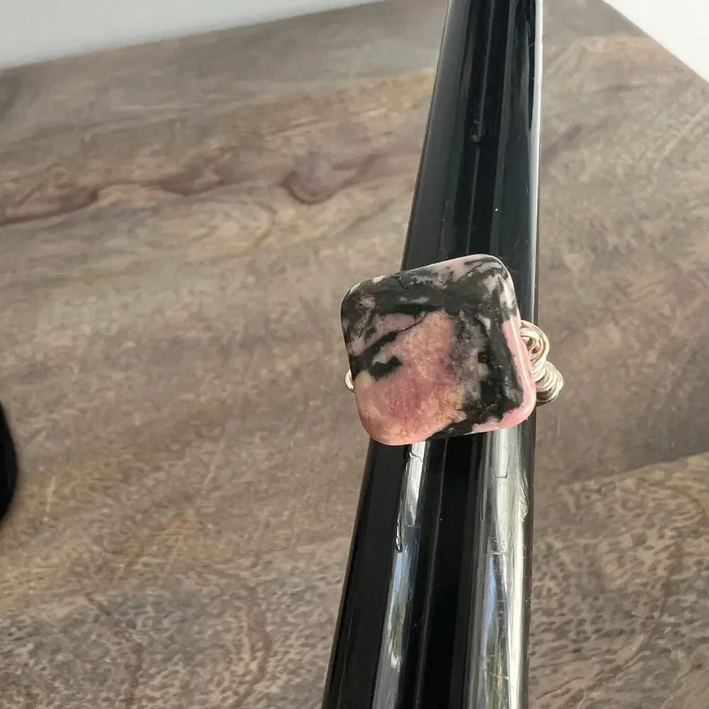 Handmade funky pink and black stone rhodonite and wire ring - size 6